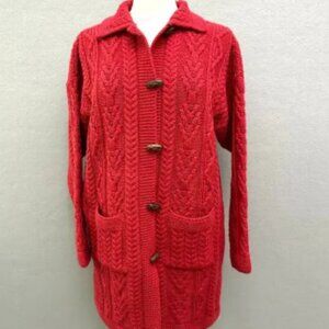 Aran Crafts Ireland Red Wool Fisherman Cardigan Long Sweater Toggle Front Medium